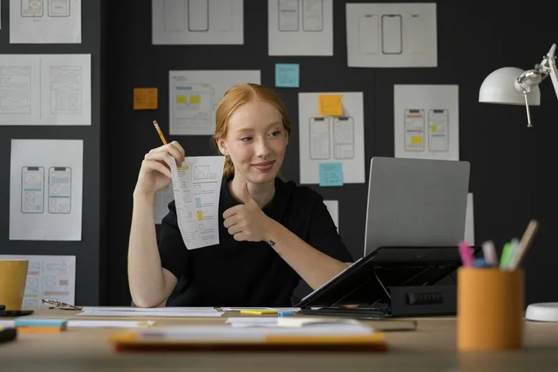 Nữ chuyên viên UI/UX Designer đang sáng tạo giao diện ứng dụng thân thiện với người dùng.