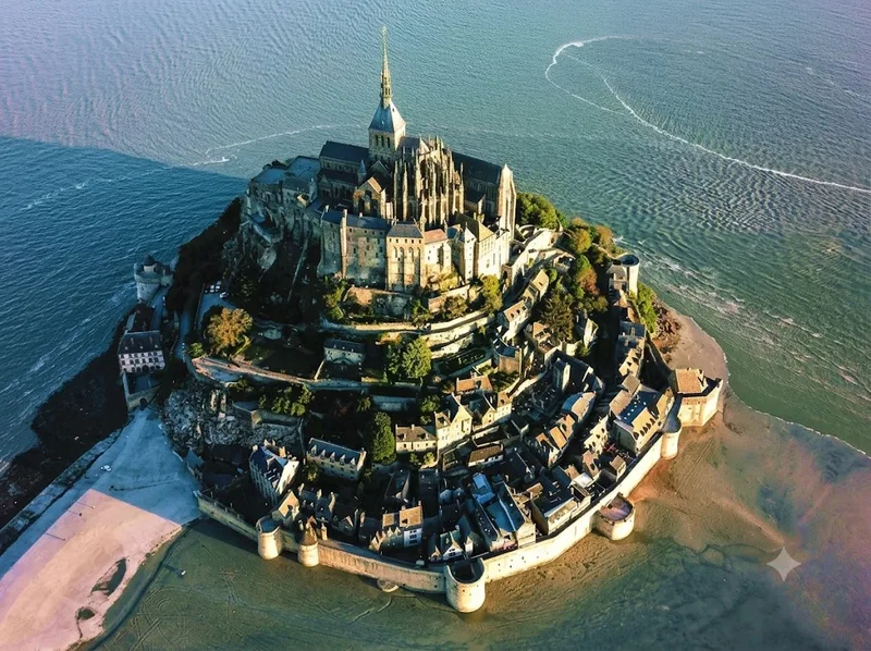 Mont Saint-Michel nằm trên đảo đá thủy triều thuộc vùng Normandy, Pháp.